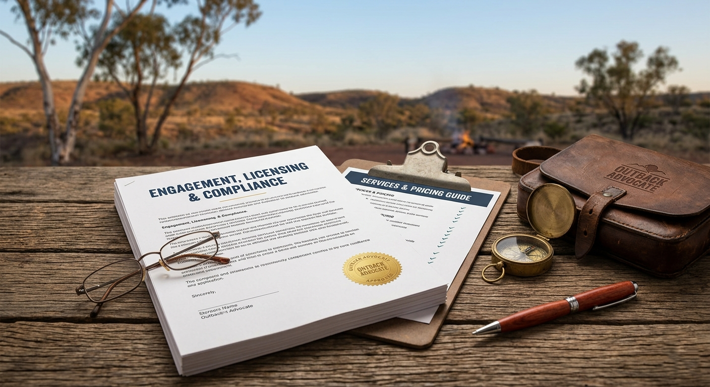 Professional licensing and compliance documents with a gold seal on a rustic wooden table overlooking the Australian outback